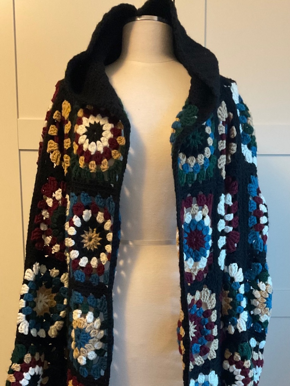 Granny Square long cardigan coat with hood and open front